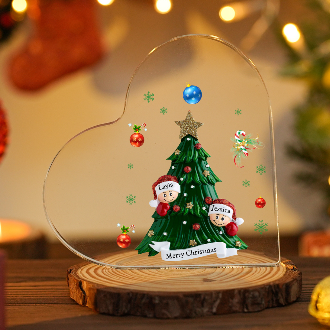 Personalisierte 2-8 Namen & Text Herz-Acryl-Deko – Weihnachtsbaum-Schr