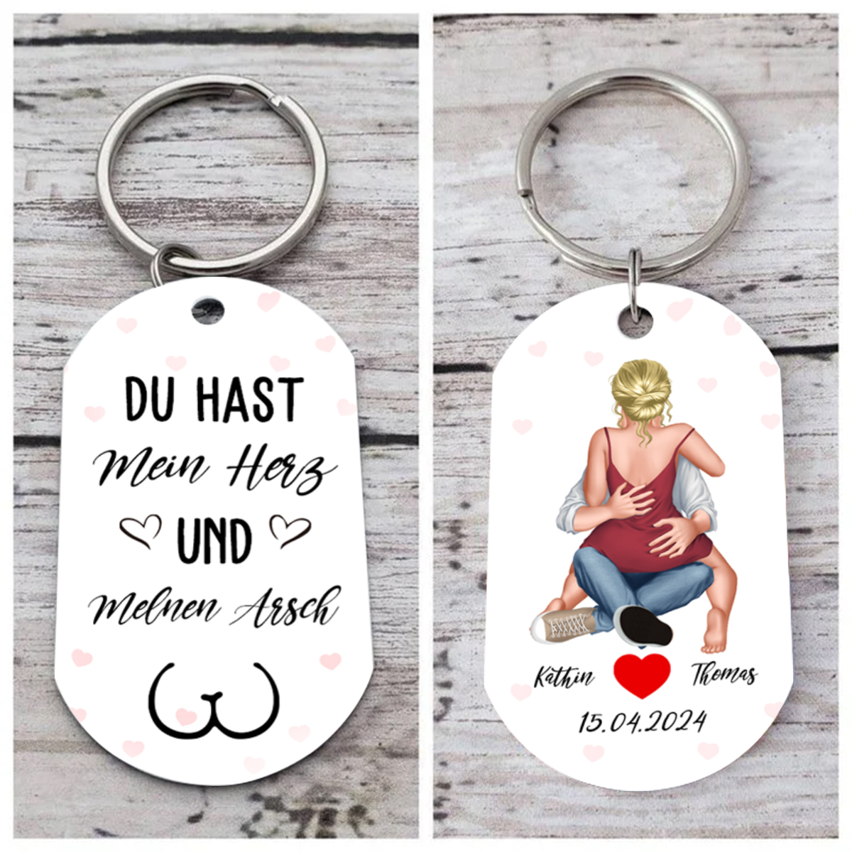 Personalisierte 2 Namen & Datum – Du hast mein Herz und Meinen Arsch – Metall-Schlüsselanhänger – Geschenk für Paar