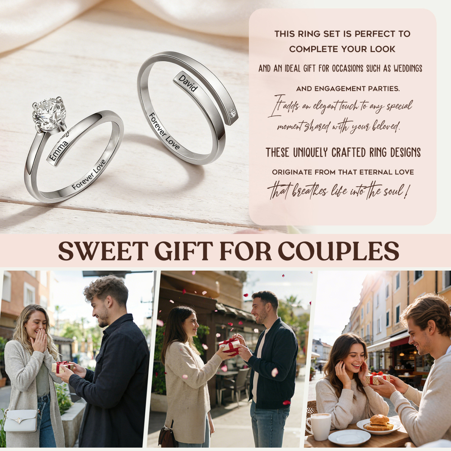 Personalisierbares Paar-Ringset mit offenem Design und Zirkonia-Steinen