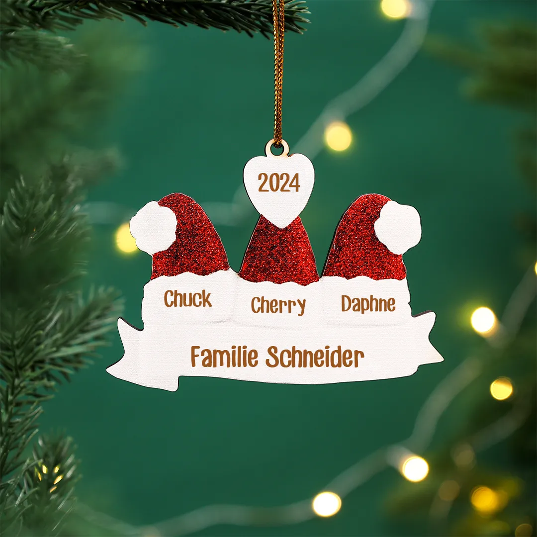Holz Personalisierte 3 Namen & Text & Jahr Weihnachtsmütze Weihnachtsornament Weihnachtsbaum Anhänger