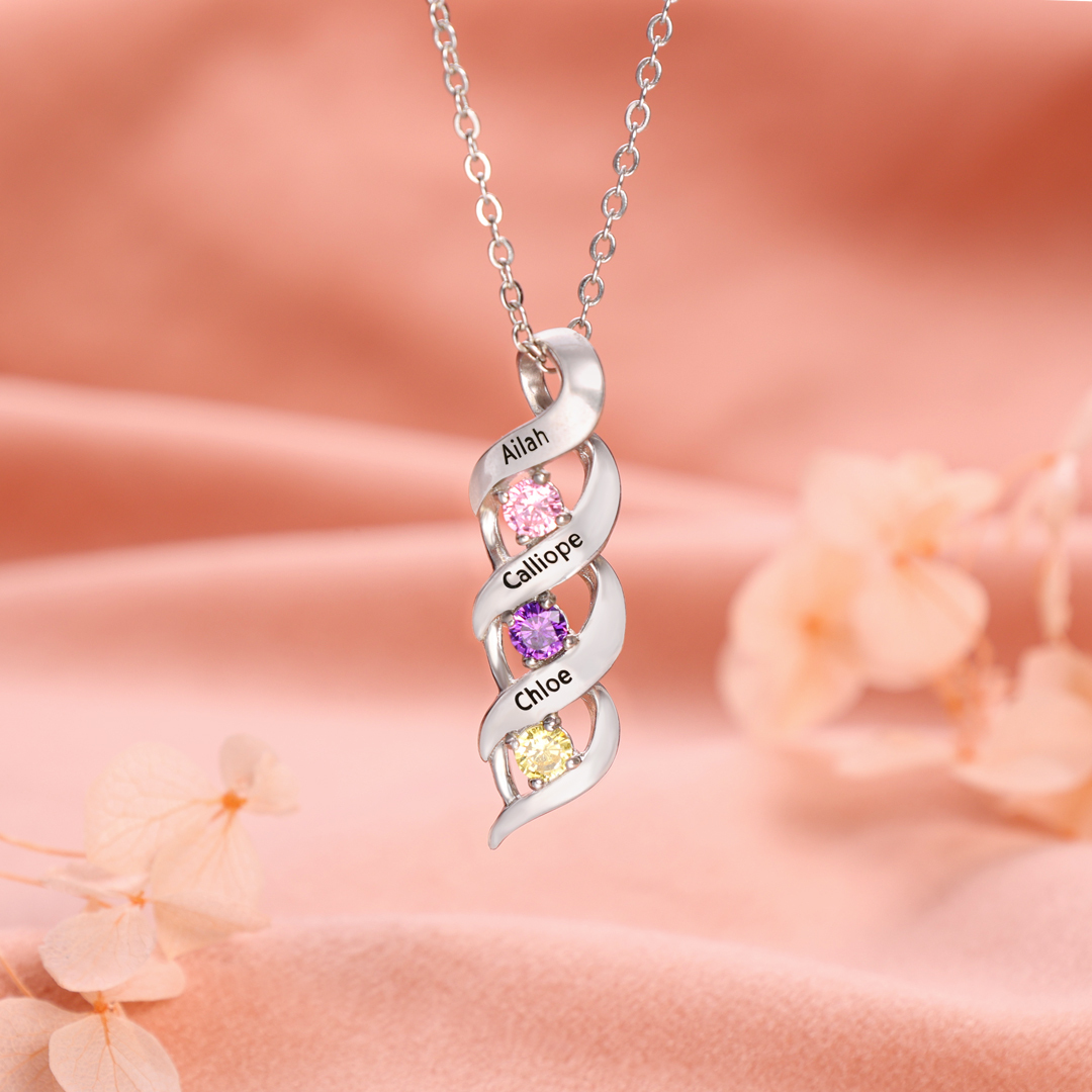 925 Sterling Silber Personalisierte DNA-Halskette mit 2–10 Namen und Geburtssteinen