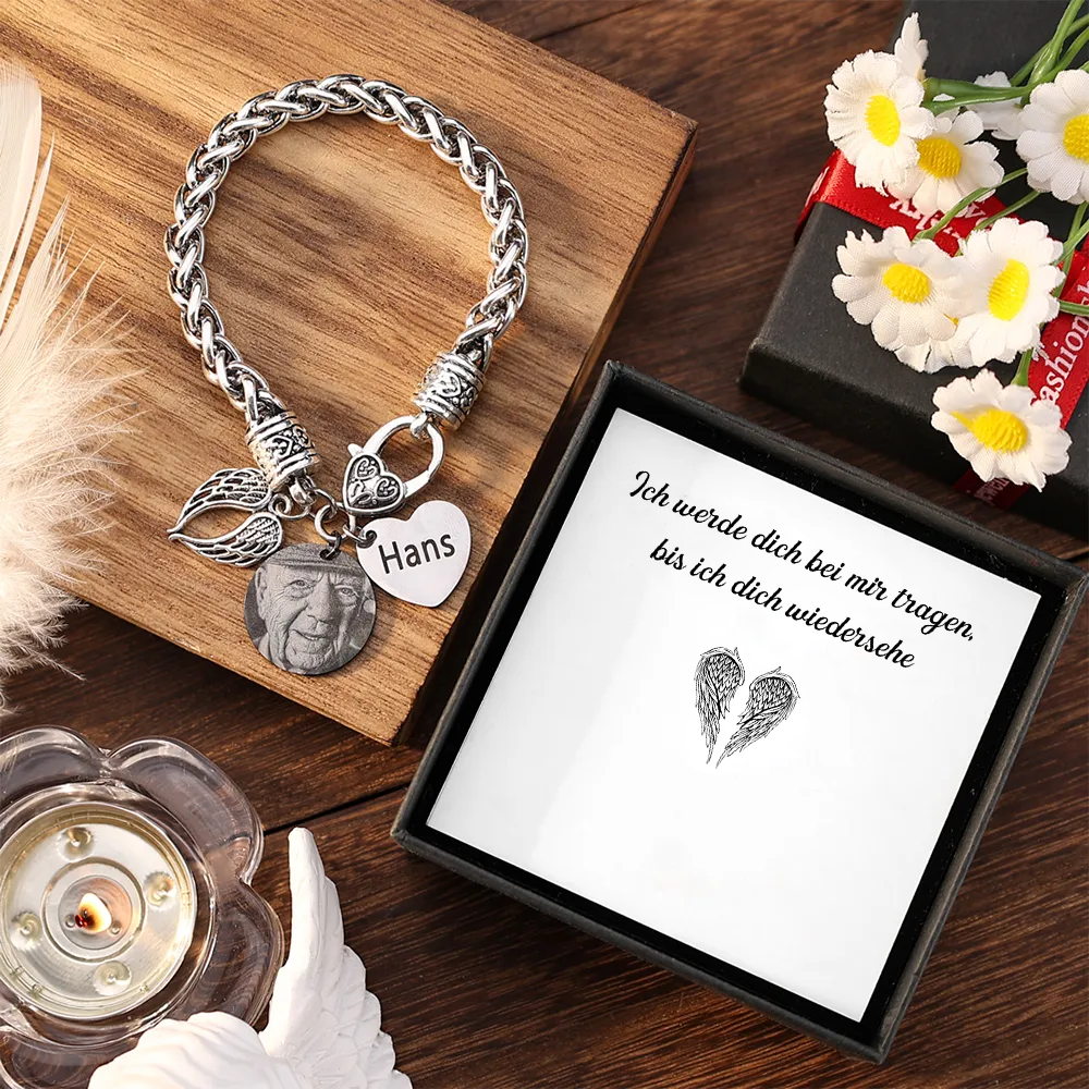 Personalisierter Name & Foto Edelstahl Armband -Ich werde dich bei mir tragen bis dich woedersehe - Andenken Geschenk mit Nachrichtenkarte