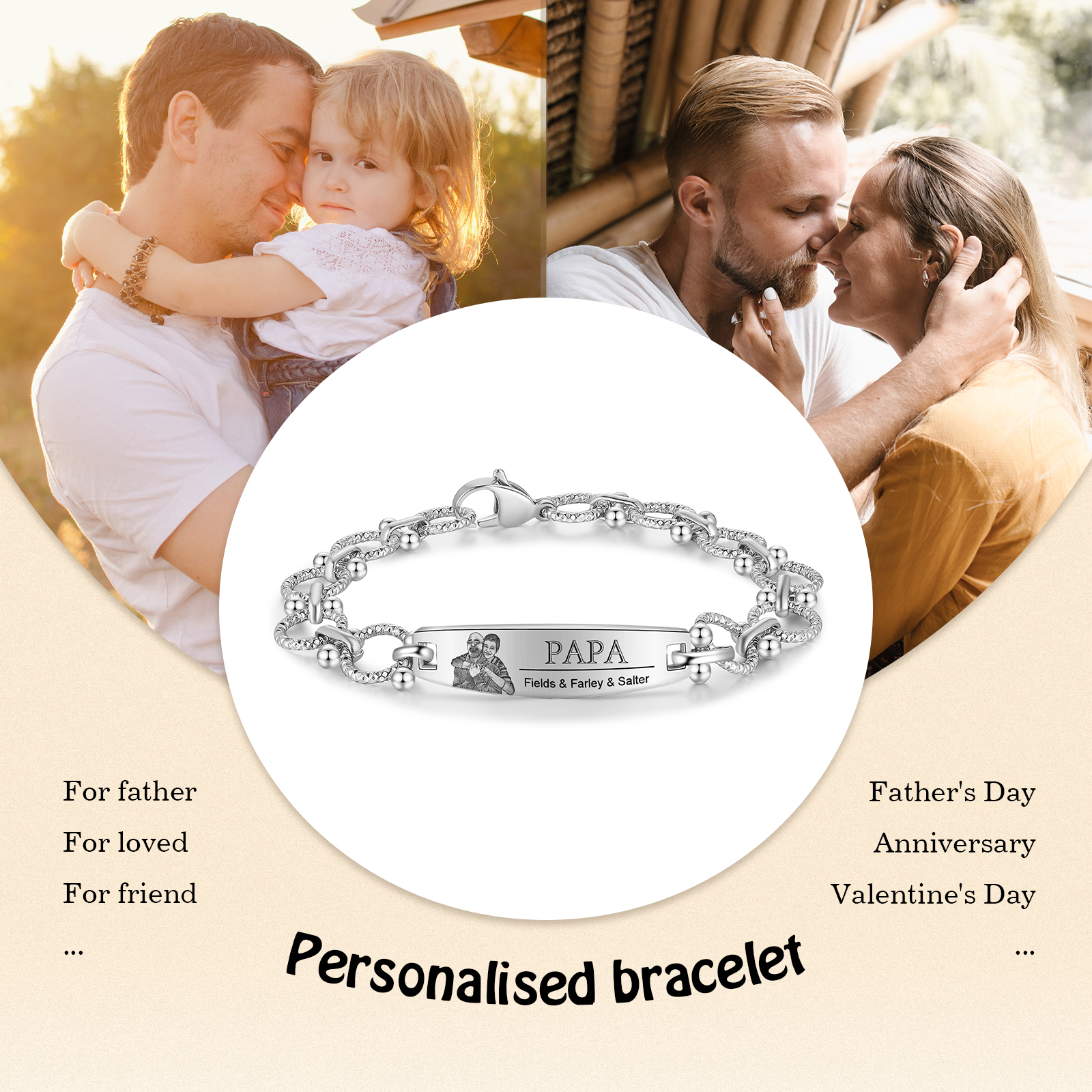Herren Armband-Personalisiertes 3 Namen & Text & Foto Edelstahl Armband 