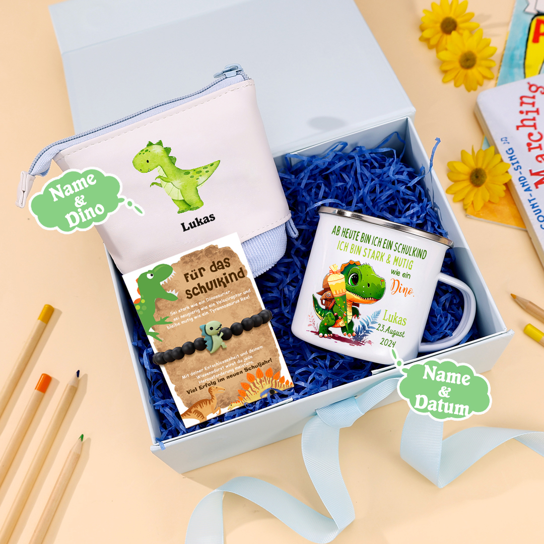Schulanfang Geschenkset-Personalisierter Name & Datum Dino Emaille Tasse & Personalisierter Name Stifteetui & Diono Armband Set - Geschenk für Schulkind mit Geschenk Box
