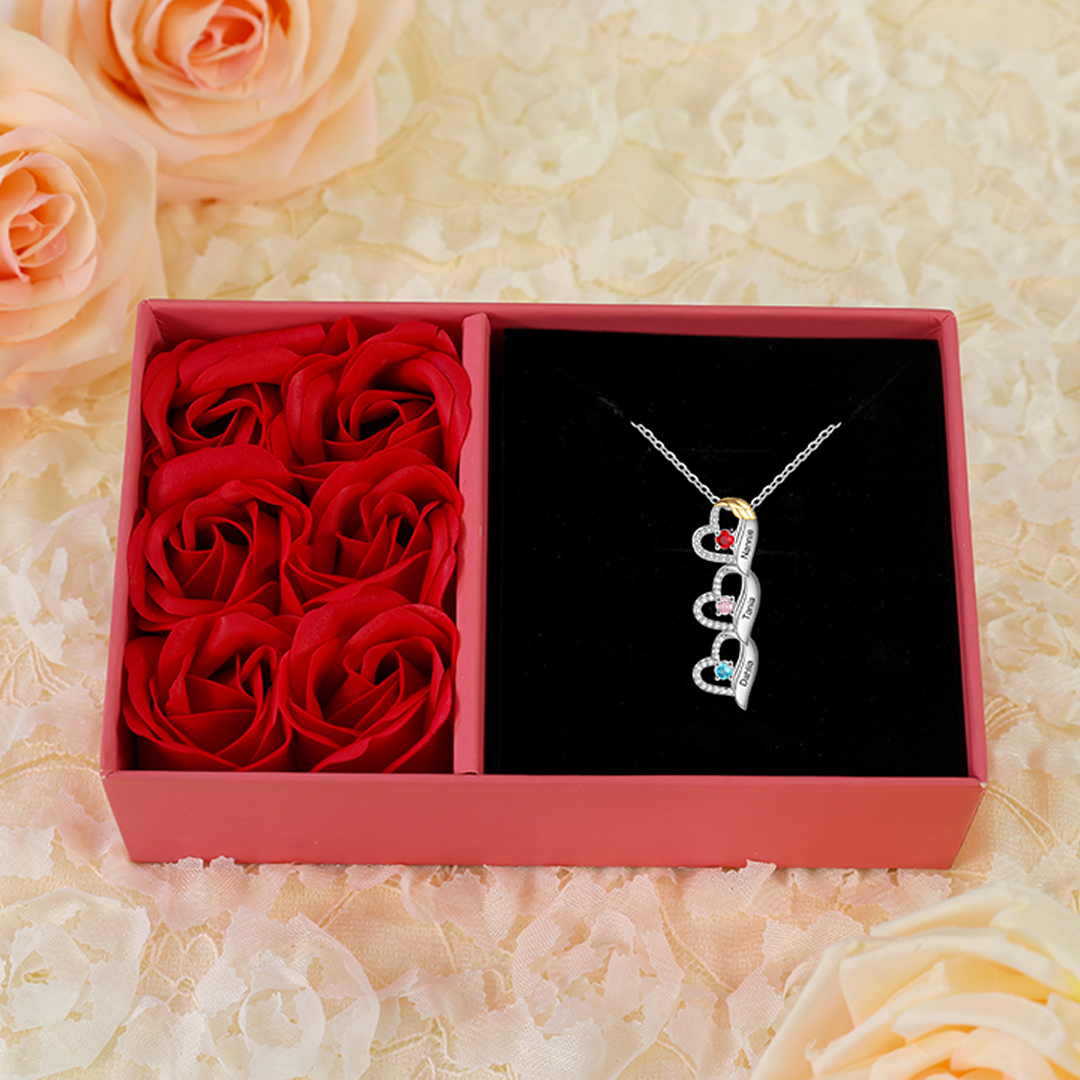 Personalisierte 3 Namen & 3 Geburtssteinen Herz Halskette mit Flügel für Großmutter Familie