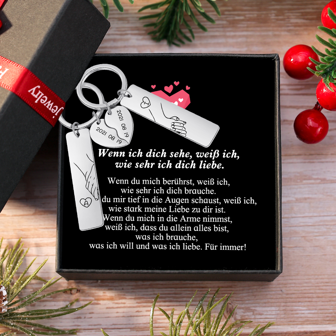 Personalisierbar Datum & 2 Buchstaben Paar Schlüsselanhänger-Wenn ich dich sehe, weiß ich, wie sehr ich dich liebe-Geschenk mit Nachrichtenkarte