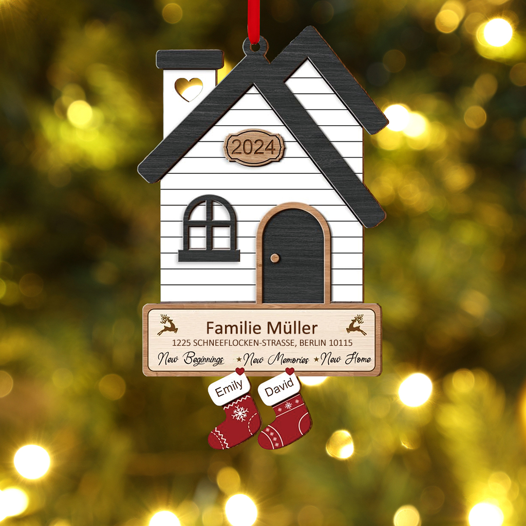 Holz Weihnachtsornament-Personalisierte 2 Namen & 2 Texten & Jahr Haus-Weihnachtsanhänger-4 Farben zur Auswahl