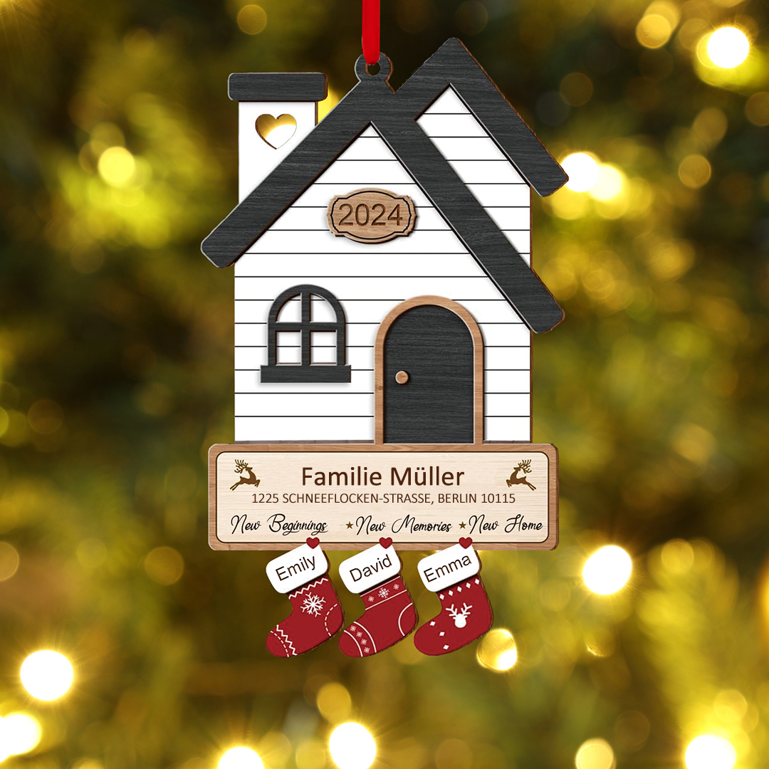 Holz Weihnachtsornament-Personalisierte 2-8 Namen & 2 Texten & Jahr Haus-Weihnachtsanhänger – 4 Farben zur Auswahl