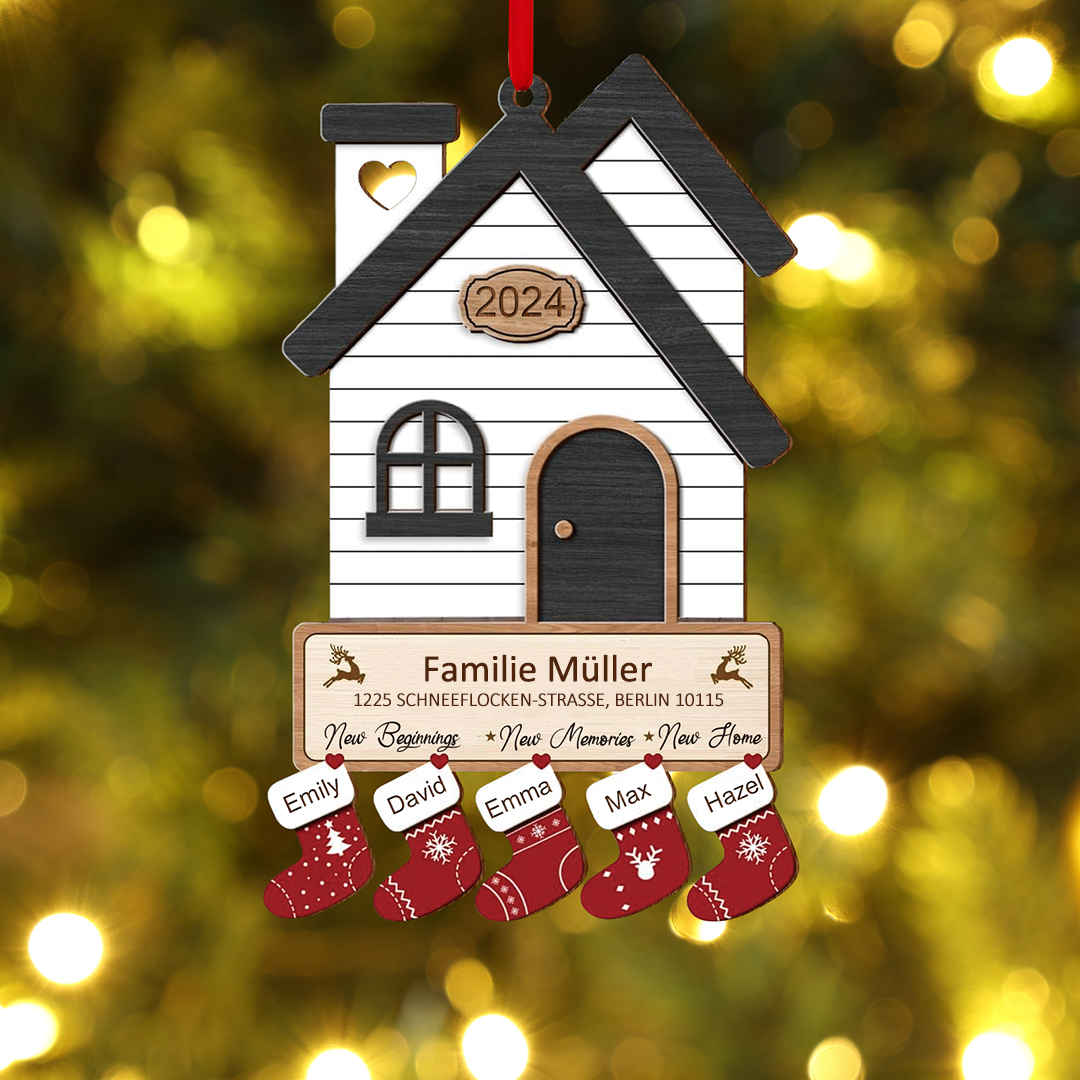Holz Weihnachtsornament-Personalisierte 2-8 Namen & 2 Texten & Jahr Haus-Weihnachtsanhänger – 4 Farben zur Auswahl