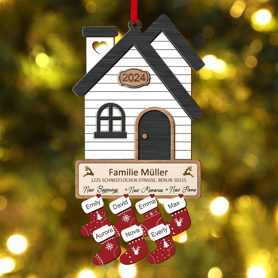 Holz Weihnachtsornament-Personalisierte 2-8 Namen & 2 Texten & Jahr Haus-Weihnachtsanhänger – 4 Farben zur Auswahl