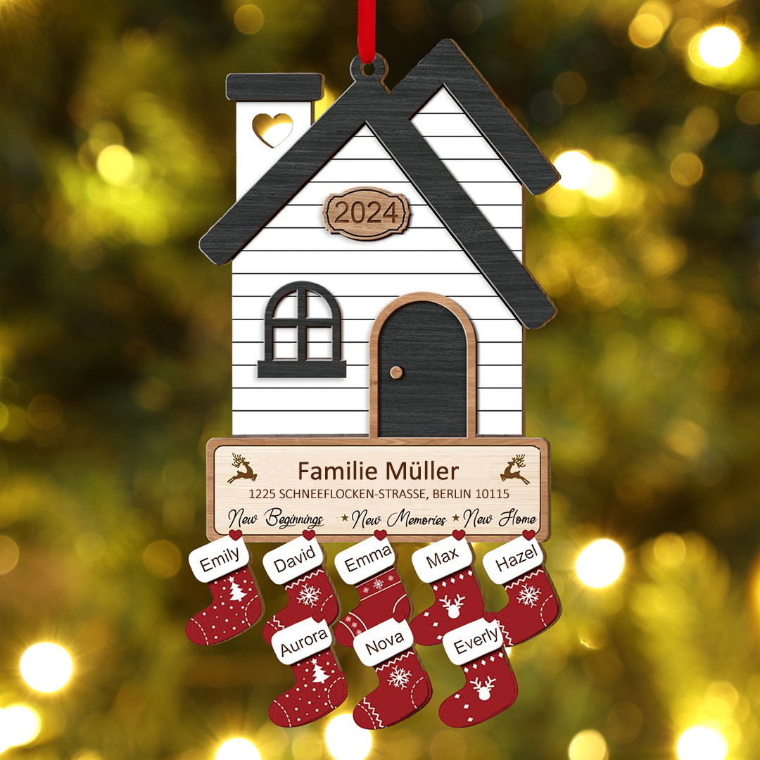 Holz Weihnachtsornament-Personalisierte 2-8 Namen & 2 Texten & Jahr Haus-Weihnachtsanhänger – 4 Farben zur Auswahl