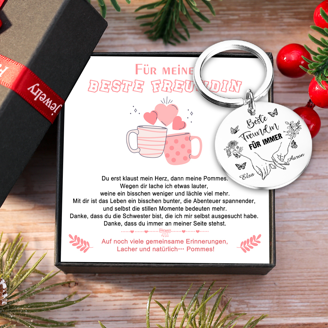 Personalisierte 2 Namen & 2 Texte & 2 Geburtsblumen Edelstahl Schlüsselanhänger & Geschenkarte -Beste Freundin Für immer- Geschenkkarte Set 