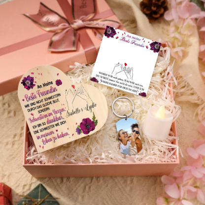 Personalisierter Text Herzform Kerzenhalter & Foto Schlüsselanhänger & Kerze & Karte & Box Freundschaft Geschenkbox Set für Beste Freundin