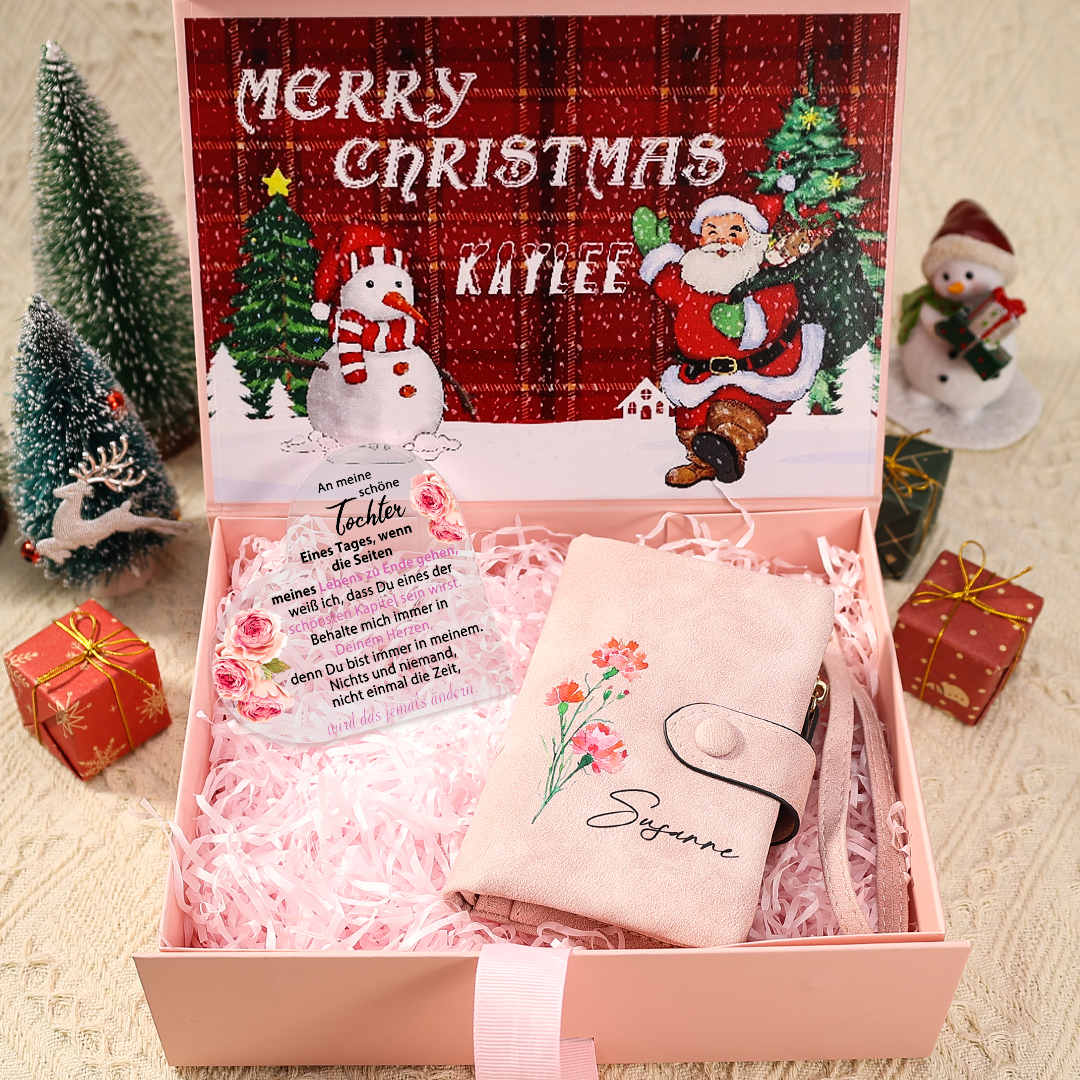 Personalisierter Name & Geburtsblume PU Leder Geldbörse & Acryl-Deko Geschenkbox Set – Weihnachtsgeschenk für Tochter