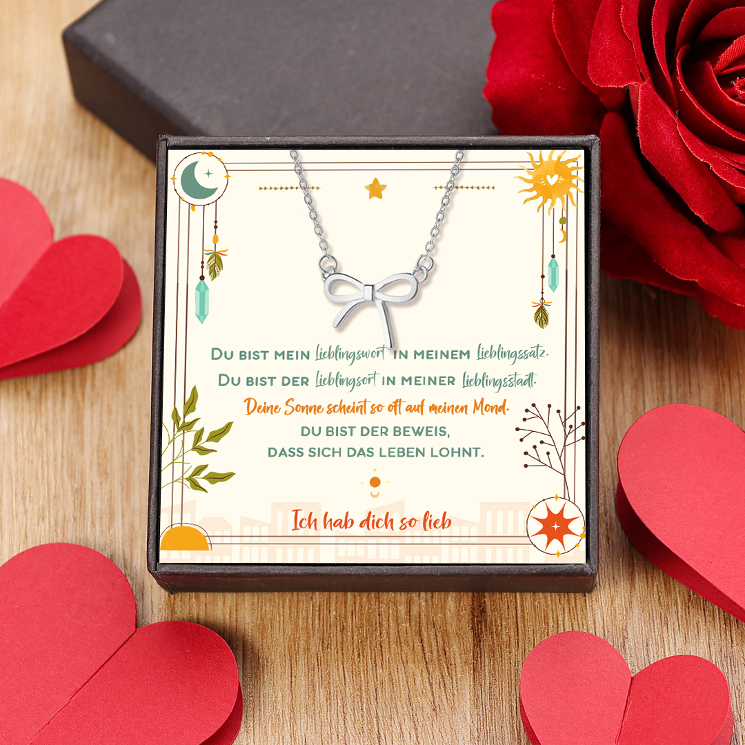 925 Sterling Silber Schleifen Halskette mit Grußkarte & Box –Deine Sonne scheint so oft auf meinen Mond – Ein liebevolles Geschenk für Freundin/ Frau