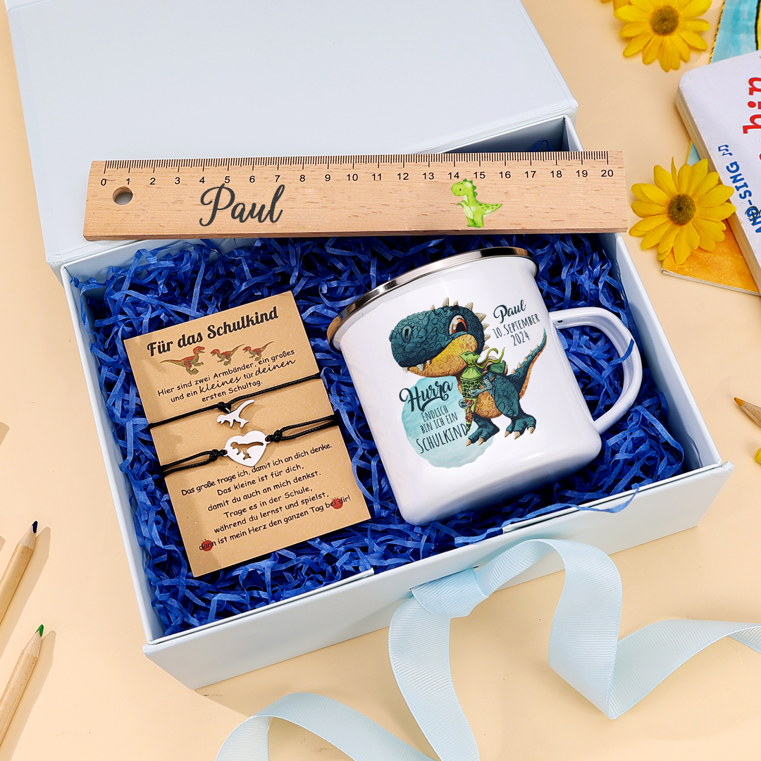 [Copy]Schulanfang Geschenkset -Personalisierter Name & Datum Emaille Tasse & 20 cm Lineal & Dino Armbänder Set - Geschenk für Schulkind mit Geschenk Box