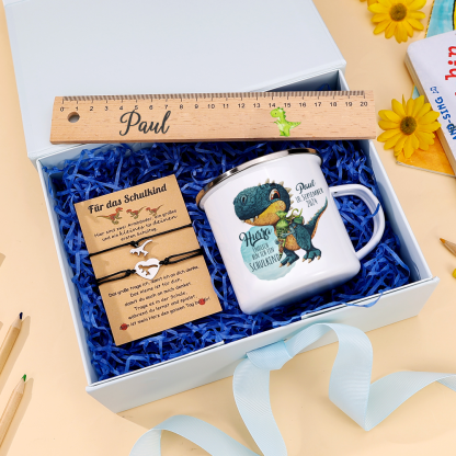 [Copy]Schulanfang Geschenkset -Personalisierter Name & Datum Emaille Tasse & 20 cm Lineal & Dino Armbänder Set - Geschenk für Schulkind mit Geschenk Box
