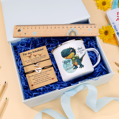 Schulanfang Geschenkset -Personalisierter Name & Datum Emaille Tasse & 20 cm Lineal & Dino Armbänder Set - Geschenk für Schulkind mit Geschenk Box