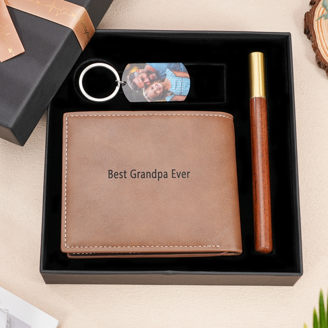 Personalisierte 2 Texte & 2 Fotos Geldbörse & Schlüsselanhänger & Stift Geschenkpackung Geschenkset für Opa