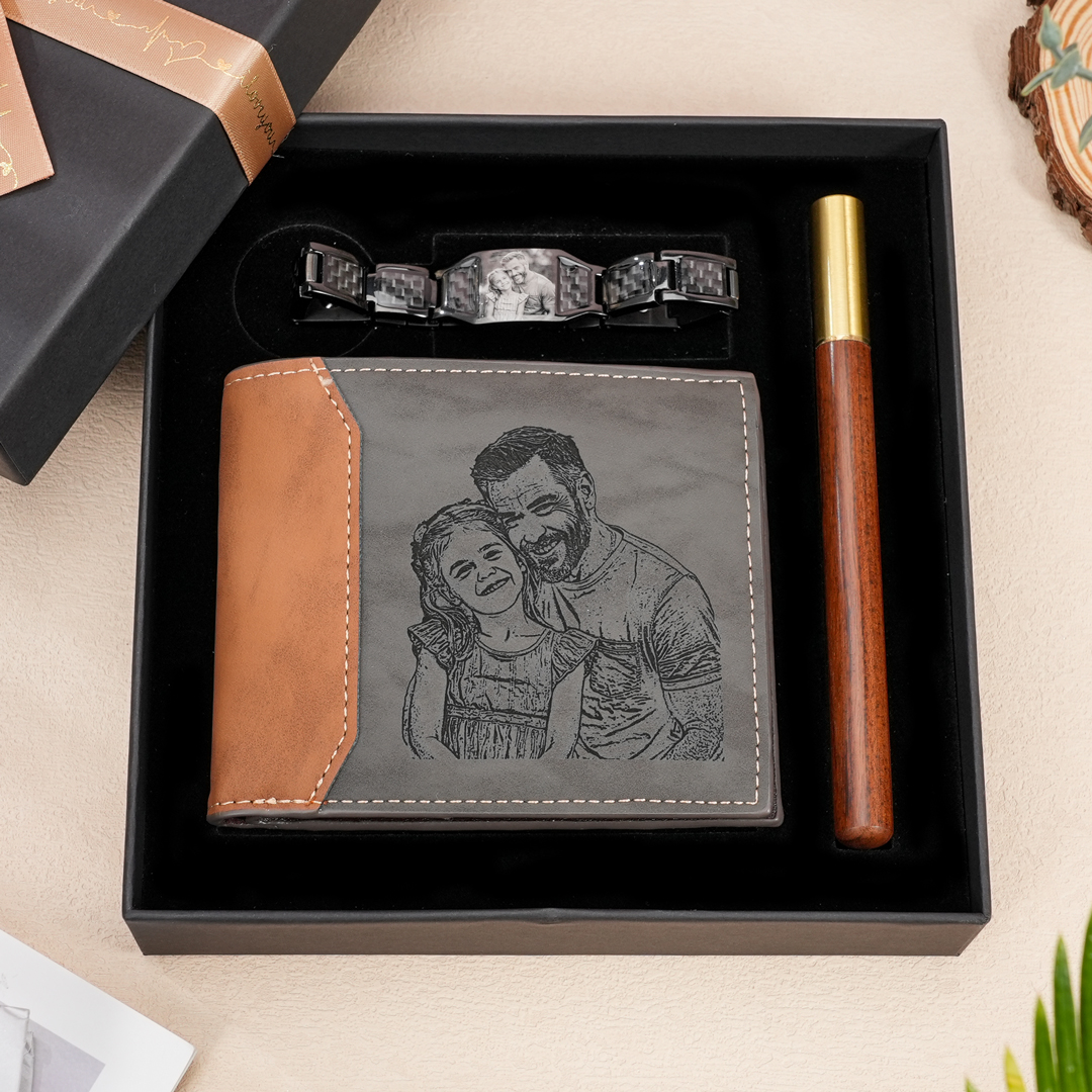 Personalisiertes Foto & Name & Buchstabe Geldbörse & Foto Armband & Stift Geschenkpackung Geschenkset für Opa