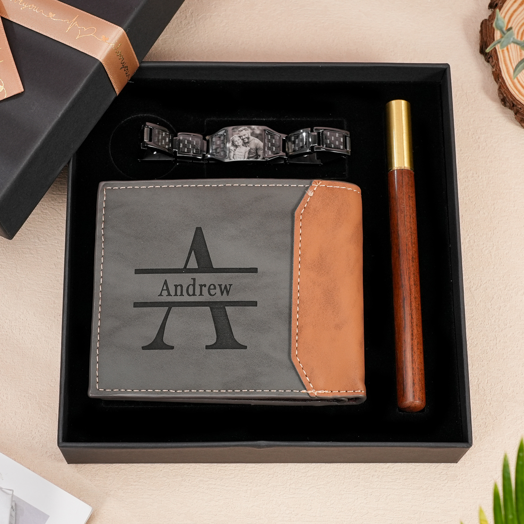 Personalisiertes Foto & Name & Buchstabe Geldbörse & Foto Armband & Stift Geschenkpackung Geschenkset für Opa