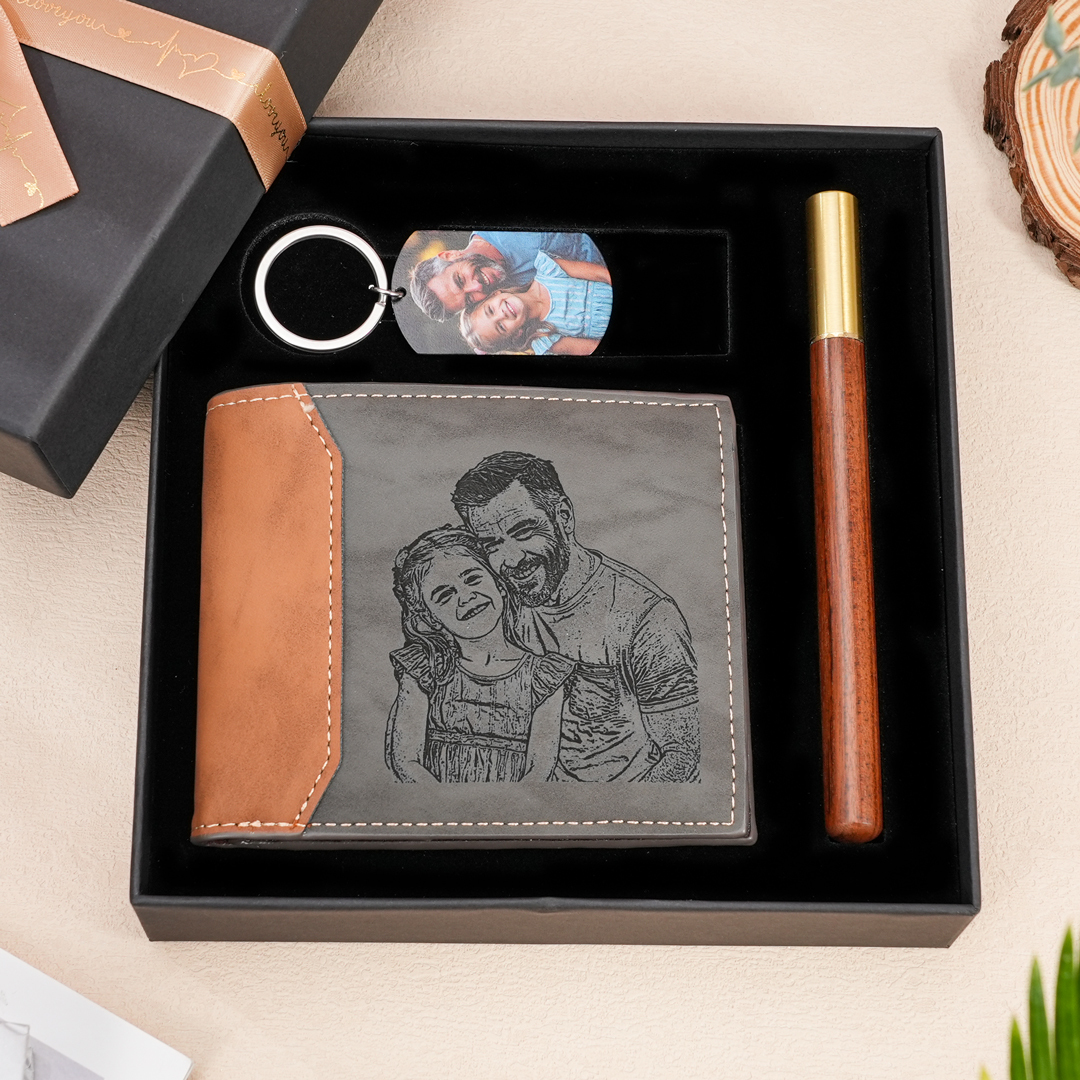 Personalisiertes Foto & Name & Buchstabe Geldbörse & Foto & Text Schlüsselanhänger & Stift Geschenkpackung Geschenkset für Opa