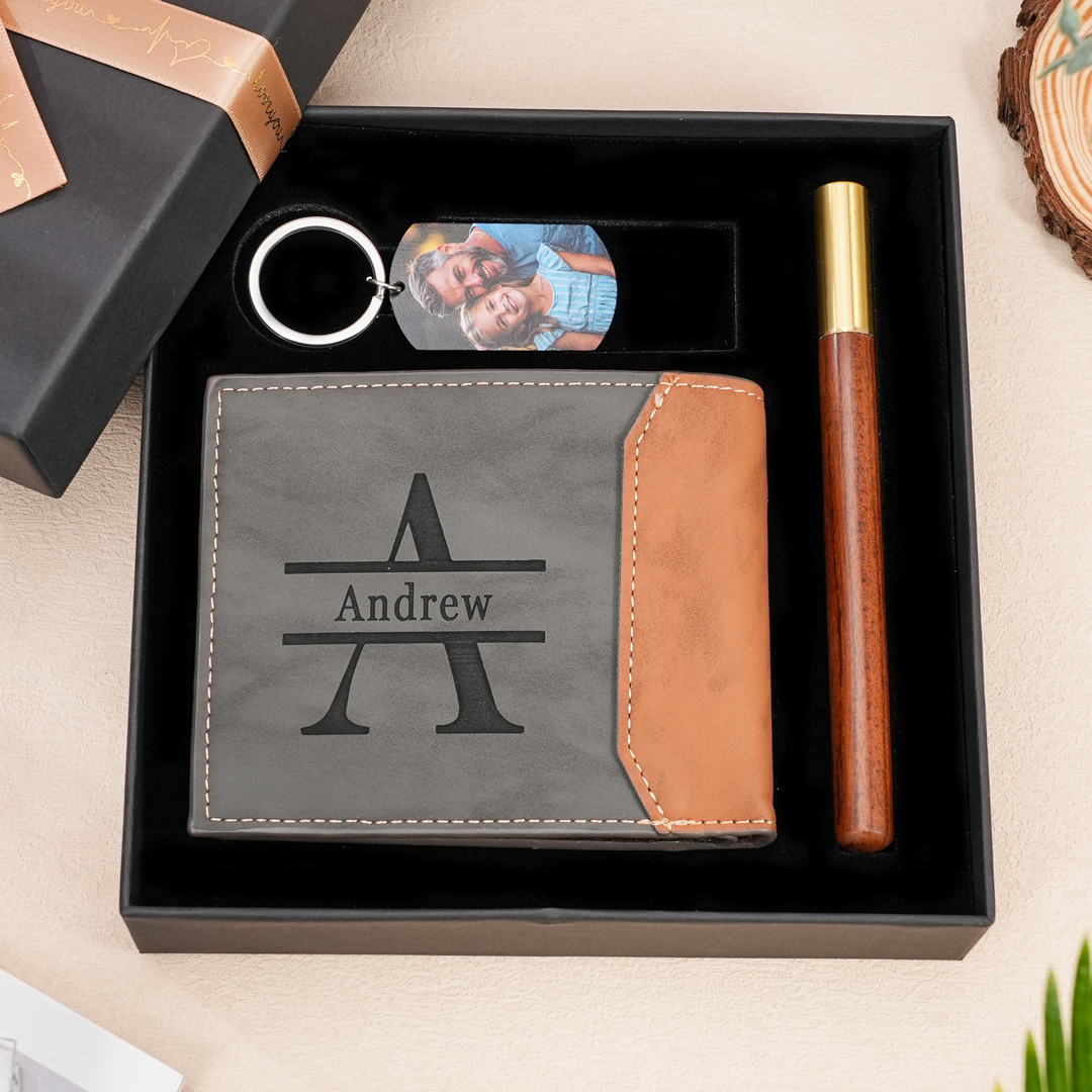 Personalisiertes Foto & Name & Buchstabe Geldbörse & Foto & Text Schlüsselanhänger & Stift Geschenkpackung Geschenkset für Opa
