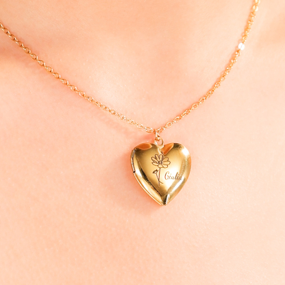Personalisierte 2 Fotos & Geburtsblume & Name Feine Herz Halskette