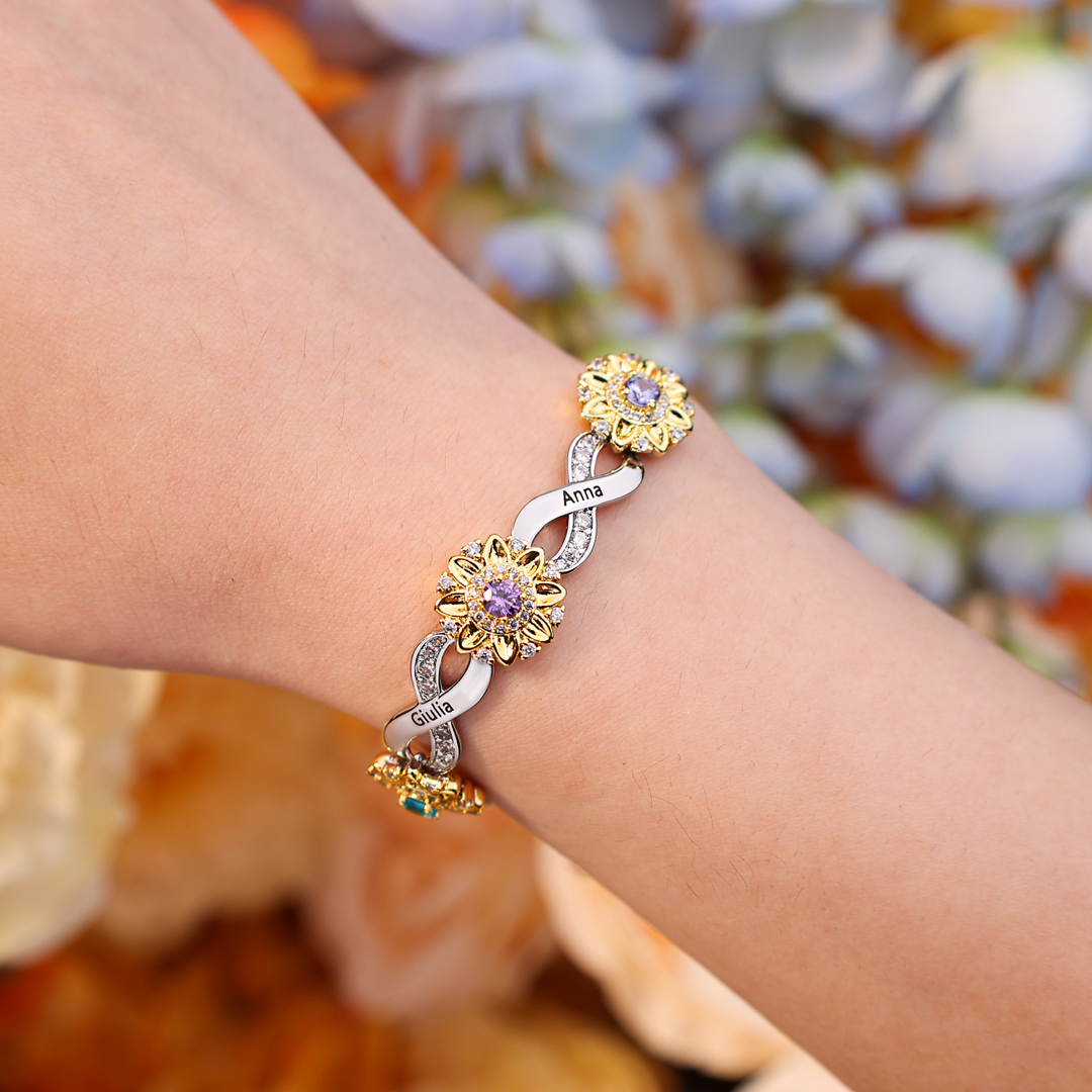 Personalisierte 3 Namen & 3 Geburtssteine Sonnenblume Infinity Armband mit Zirkonia