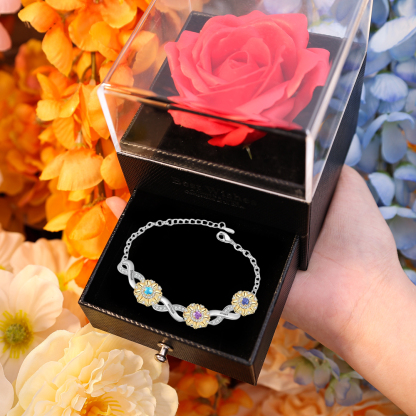 Personalisierte 3 Namen & 3 Geburtssteine Sonnenblume Infinity Armband mit Zirkonia