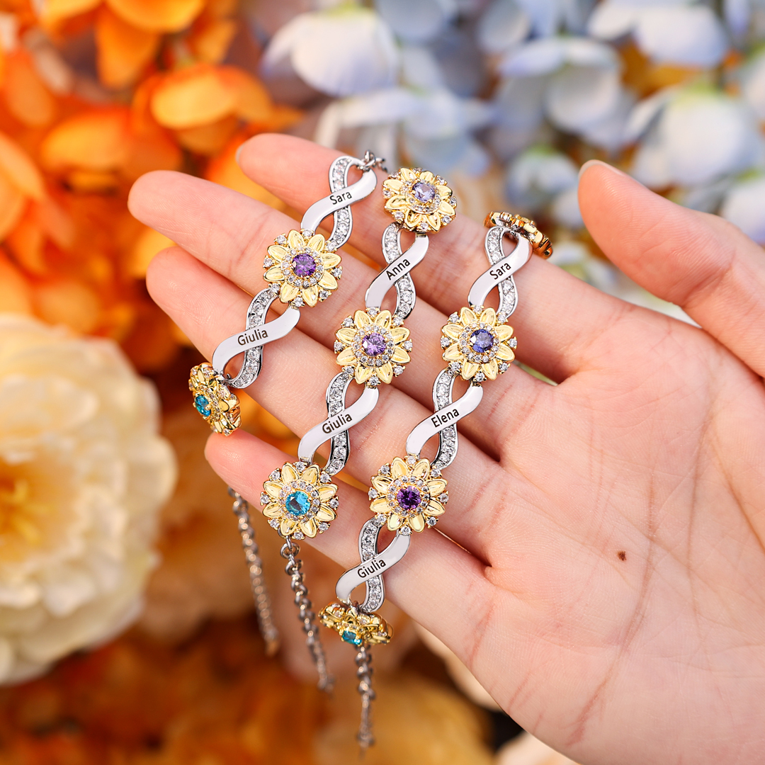 Personalisierte 3 Namen & 3 Geburtssteine Sonnenblume Infinity Armband mit Zirkonia