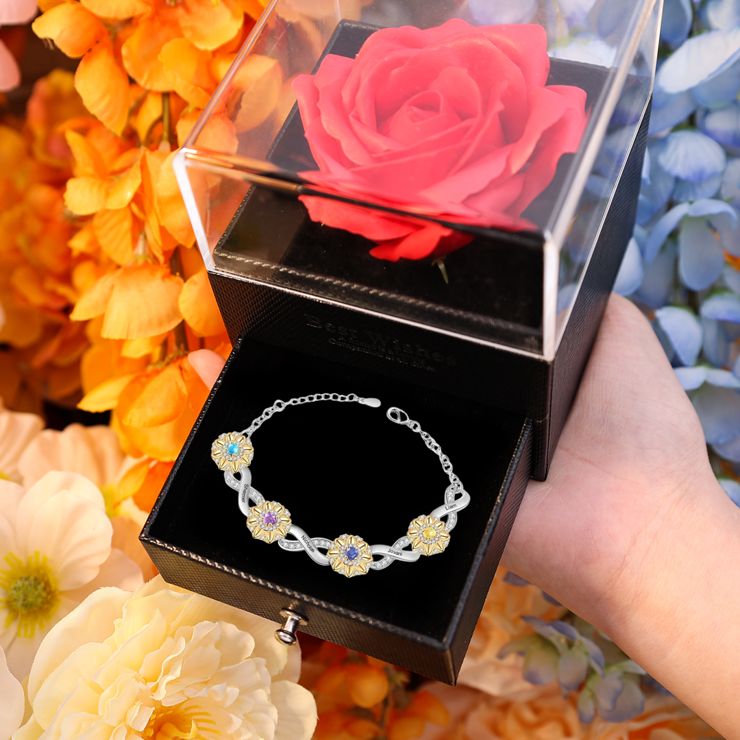 Personalisierte 4 Namen & 4 Geburtssteine Sonnenblume Infinity Armband mit Zirkonia