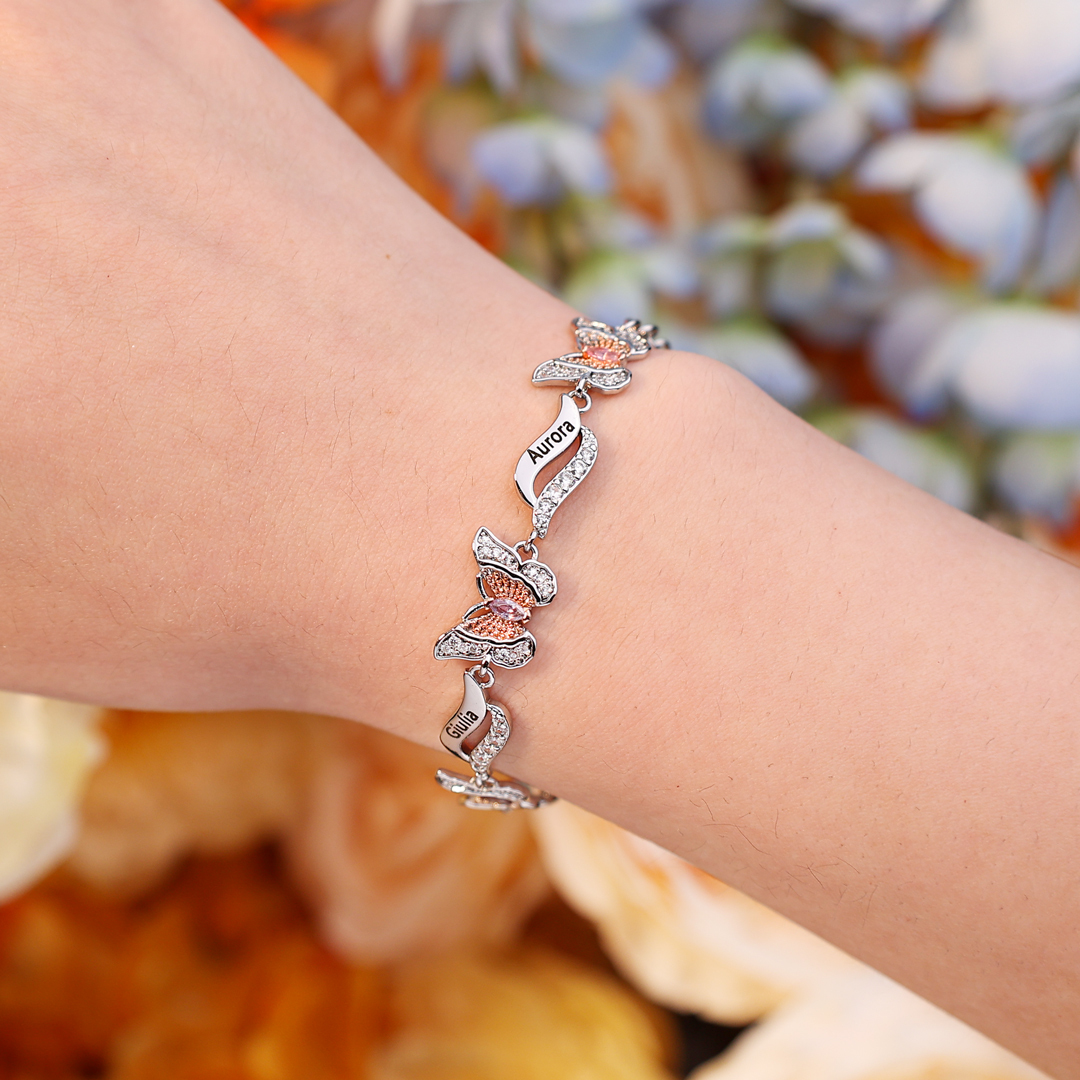 Personalisierte 4 Namen & 4 Geburtssteine Schmetterling Armband mit Zirkonia