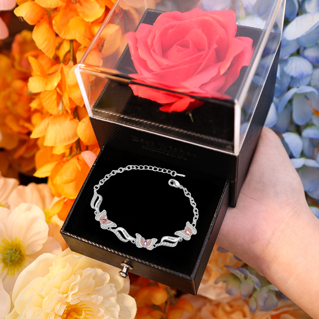 Personalisierte 3 Namen & 3 Geburtssteine Schmetterling Armband mit Zirkonia