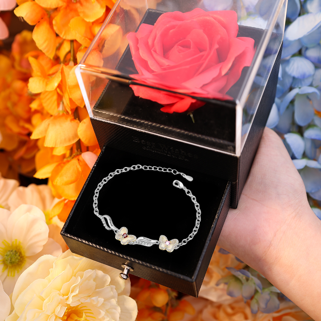 Personalisierte 2 Namen & 2 Geburtssteine Schmetterling Armband mit Zirkonia