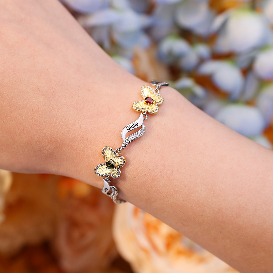 Personalisierte 4 Namen & 4 Geburtssteine Schmetterling Armband mit Zirkonia