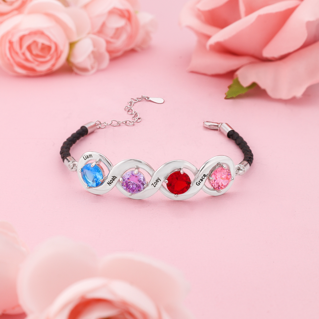 Personalisierbares Infinity Handseil Armband mit 2–6 Namen und Geburtssteinen