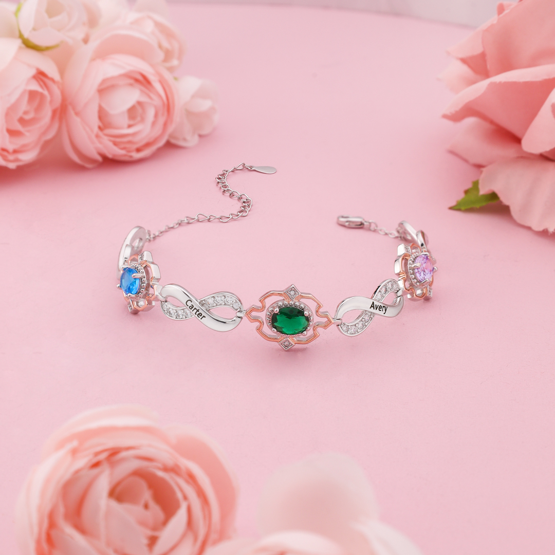 Personalisierte 3 Namen & 3 Geburtssteine Armband mit Zirkonia