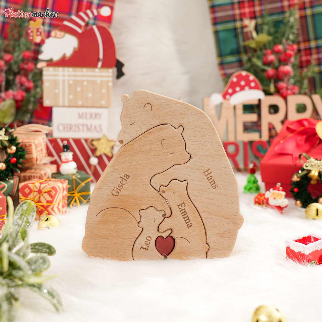 Holzskulptur-Personalisierte 4 Namen Bär Umarmung Familie Holz Deko