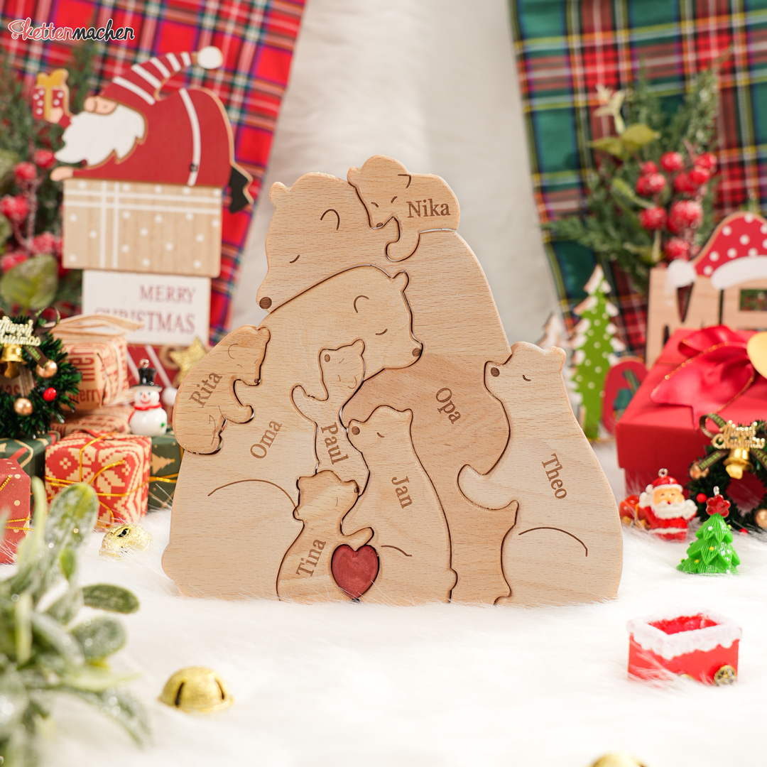 Holzskulptur-Personalisierte 8 Namen Bär Umarmung Familie Holz Deko