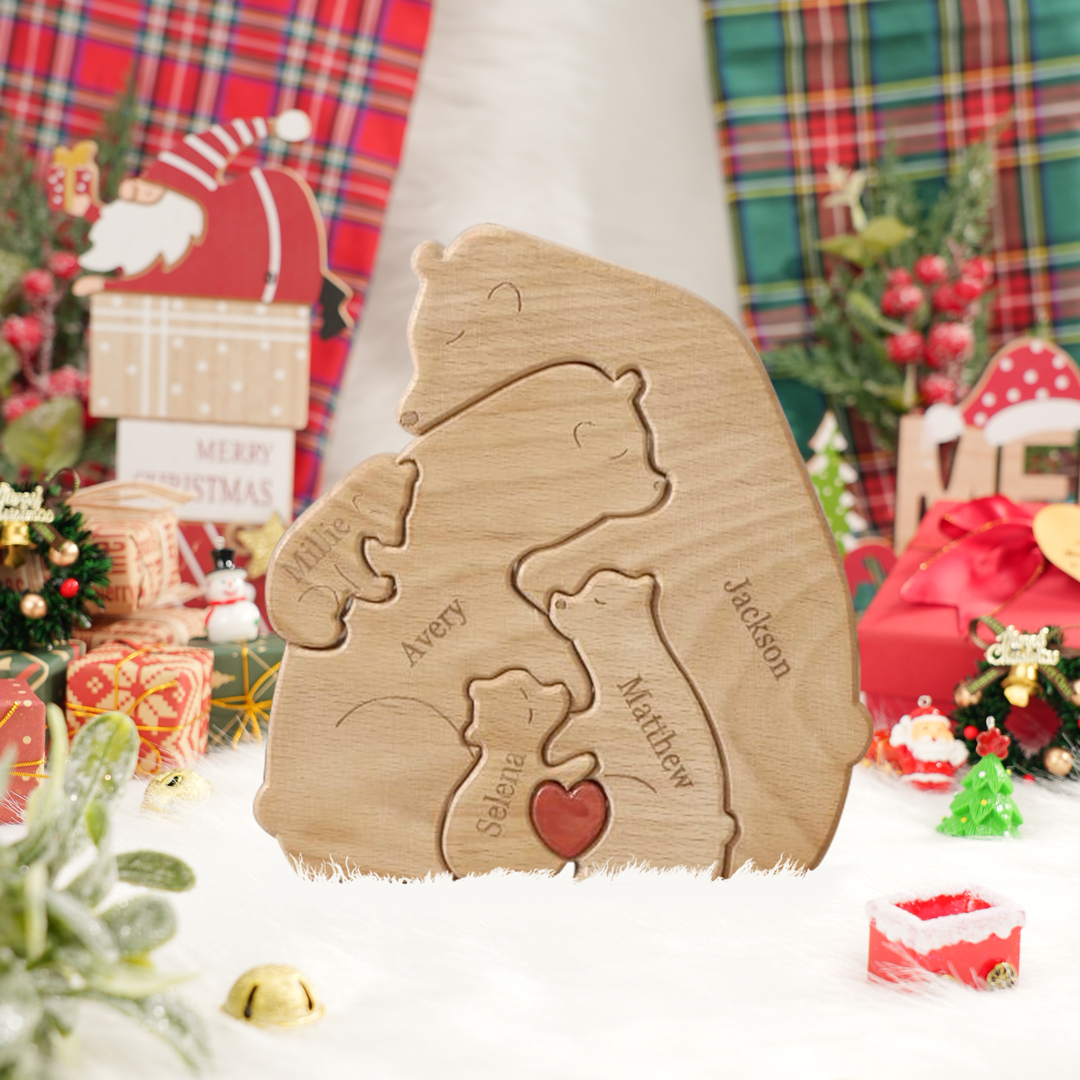 Holzskulptur-Personalisierte 5 Namen Bär Umarmung Familie Holz Deko