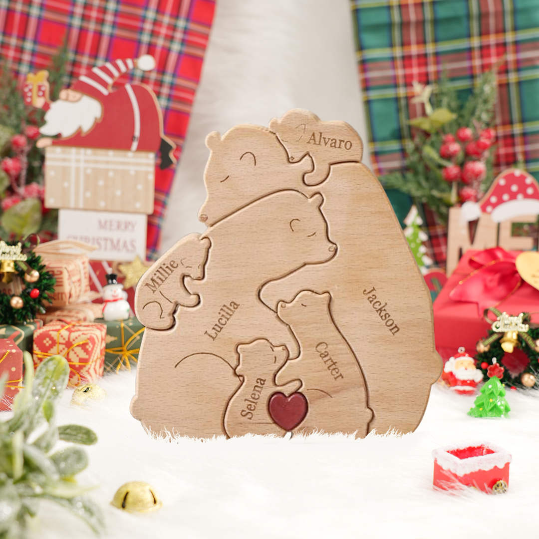 Holzskulptur-Personalisierte 6 Namen Bär Umarmung Familie Holz Deko