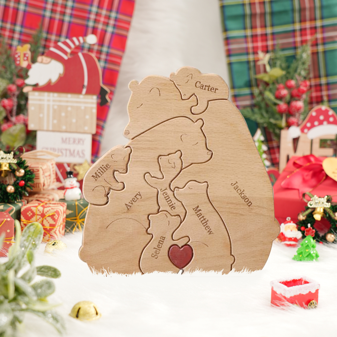 Holzskulptur-Personalisierte 7 Namen Bär Umarmung Familie Holz Deko