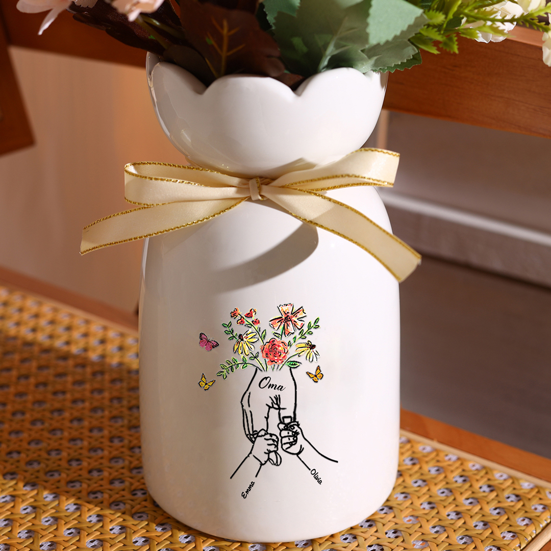 Personalisierte 2 Namen & Text Blumen & Schmetterling Familie Vase Geschenk für Mama/ Oma 