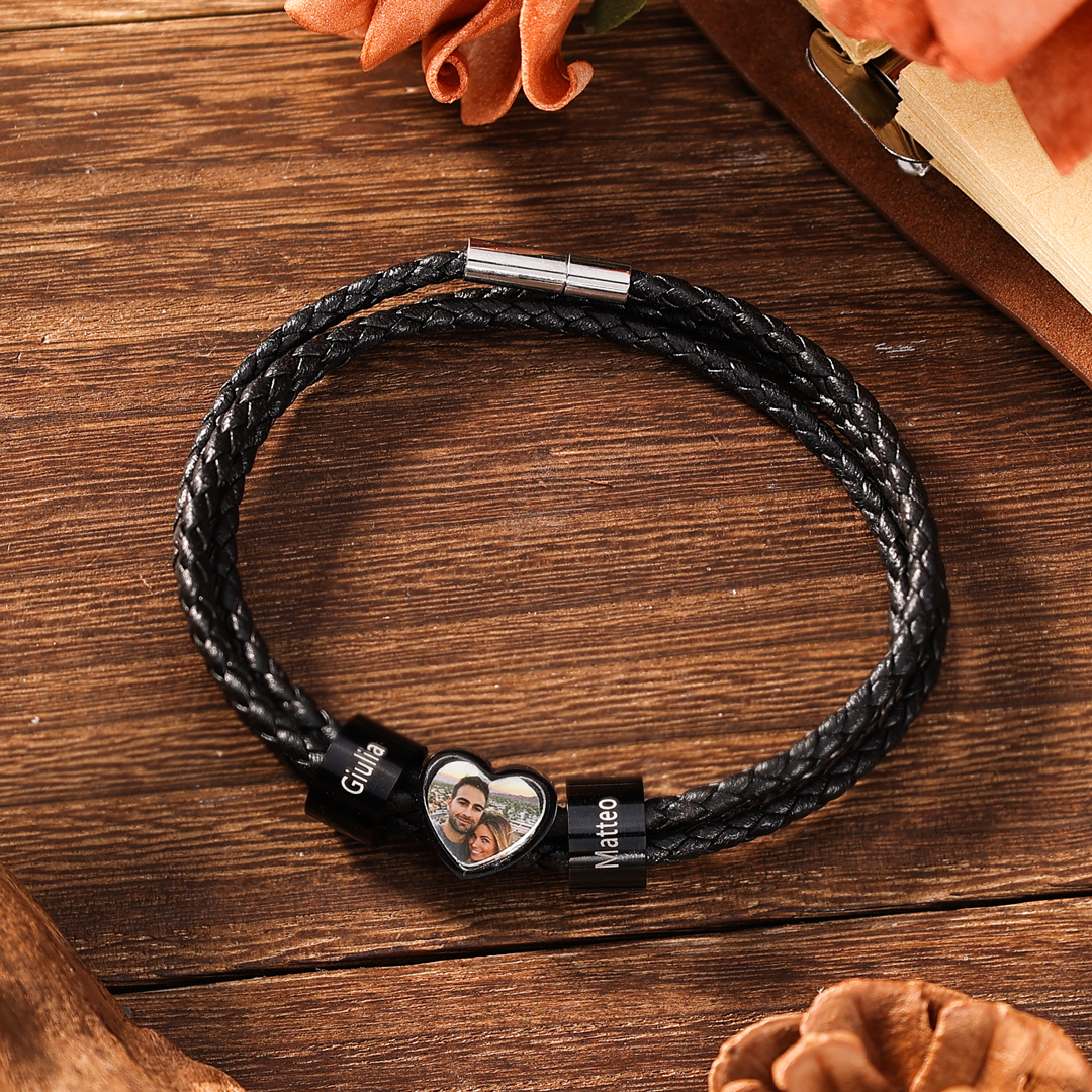 Personalisiertes Herren 2-6 Namen & Foto Herz Leder Armband