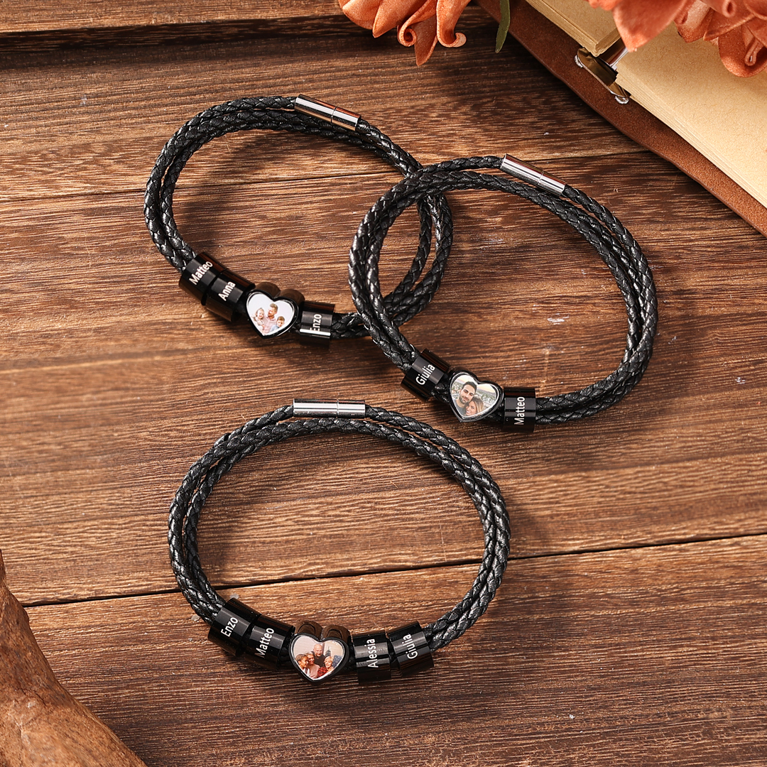 Personalisiertes Herren 2-6 Namen & Foto Herz Leder Armband
