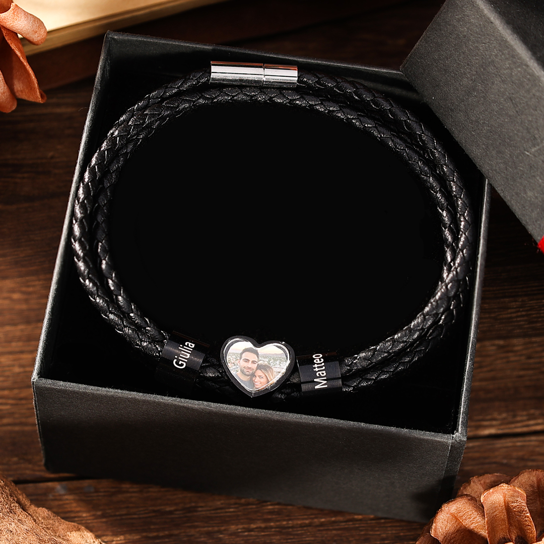 Personalisiertes Herren 2-6 Namen & Foto Herz Leder Armband