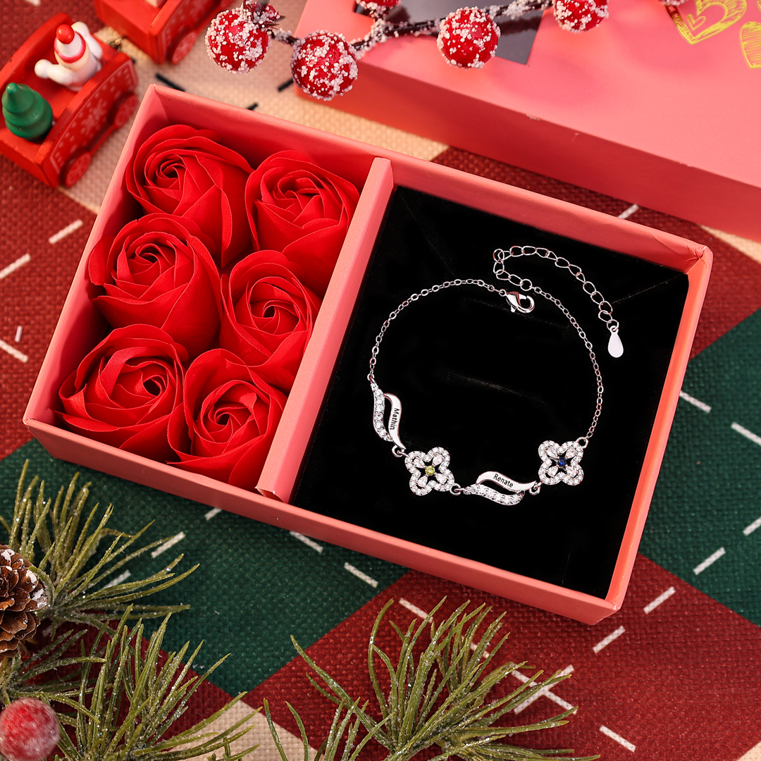 Personalisierte 2 Namen & 2 Geburtssteine Blume Welle Armband mit Zirkonia