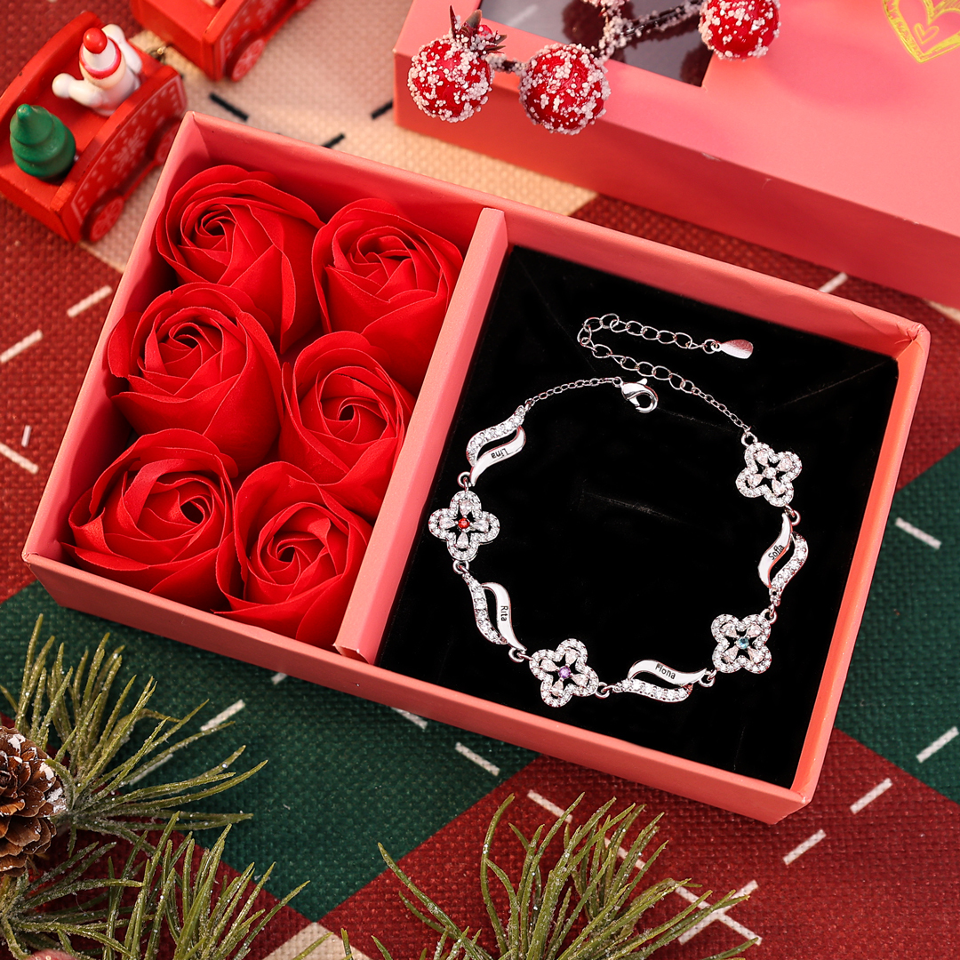 Personalisierte 4 Namen & 4 Geburtssteine Blume Welle Armband mit Zirkonia