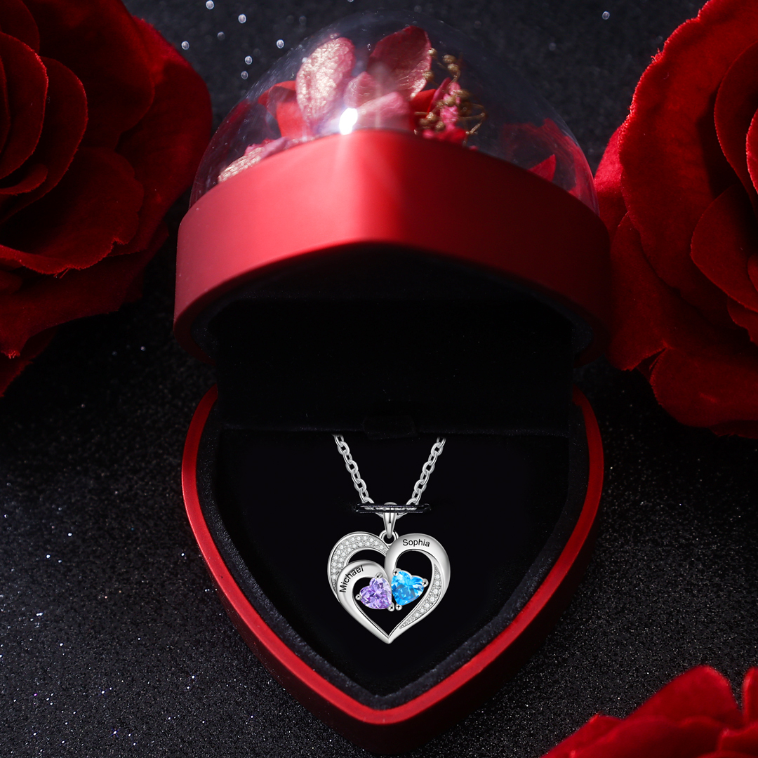 Personalisierte 2 Namen & 2 Herz Geburtssteine Herz Elegant Halskette mit Zirkonia